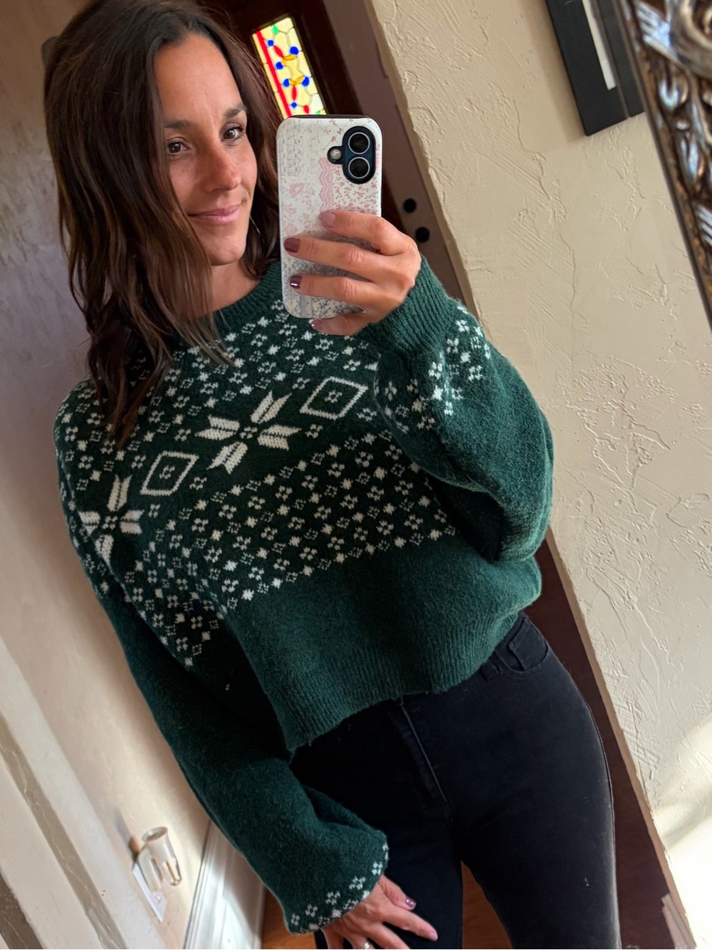 La Hearts Dark Green Fair Isle Crewneck Sweater
